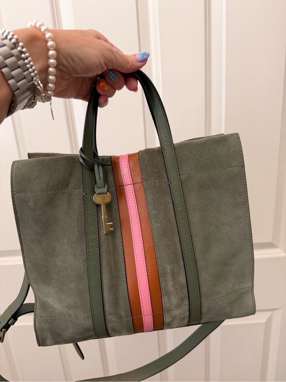 Fossil Olive Suede Tote with Pink & Brown Center Stripes